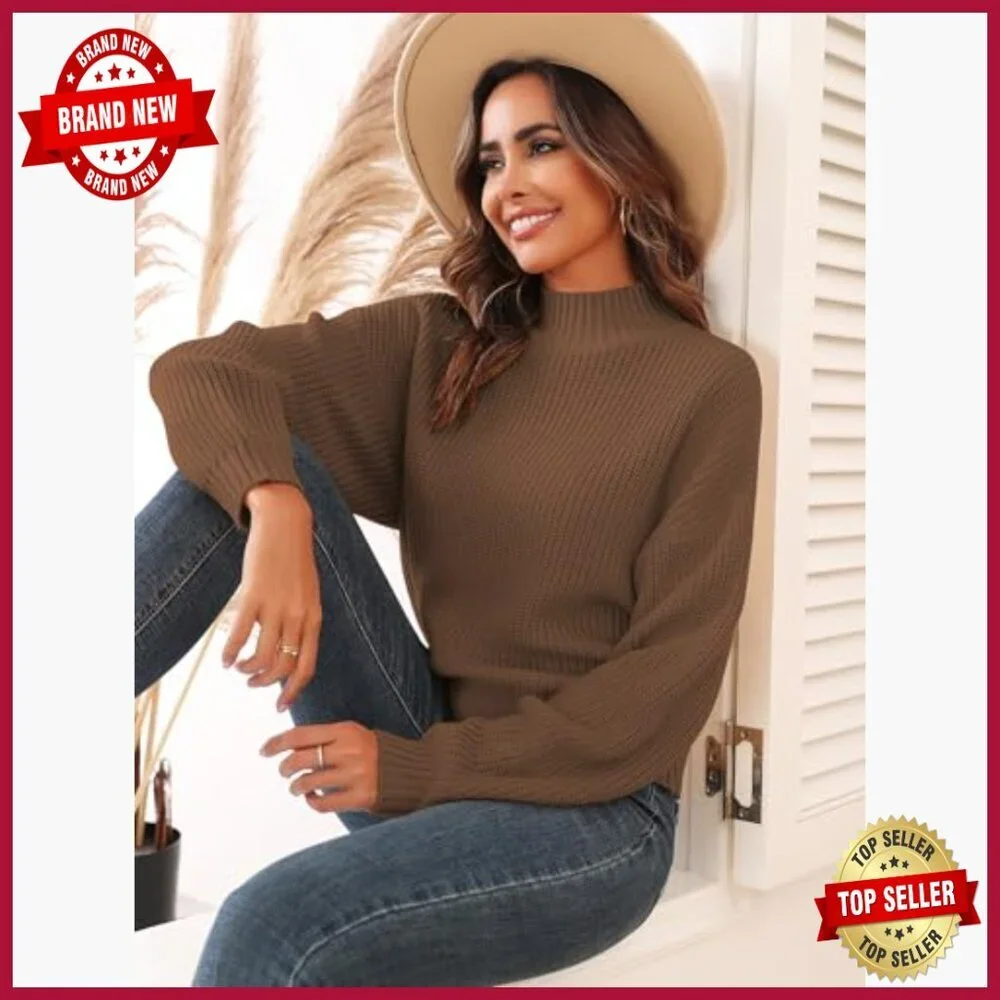 Cropped Turtleneck Sweater Lantern Sleeve Ribbed Knit Pullover - Picture 4 of 6